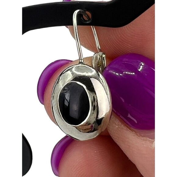 Liz Claiborne Earrings Black Silver Tone Dangle Drop Signed Dainty Minimalist - Picture 5 of 8